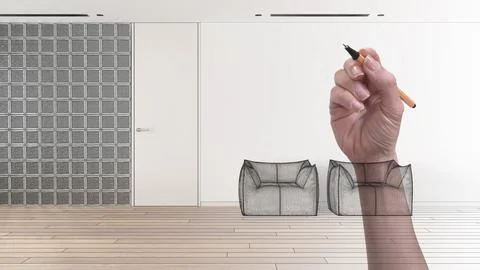 Hand drawing custom minimal white sitting waiting room with glass brick wal.. Stock Illustration