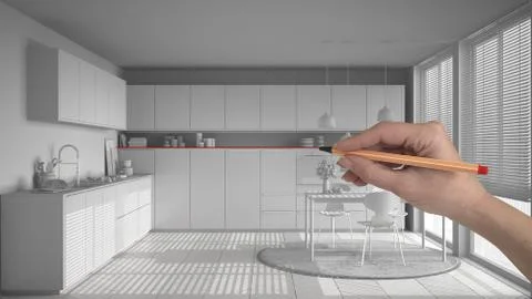 Hand drawing custom modern white kitchen with table and chairs. Tailored unfi Stock Illustration