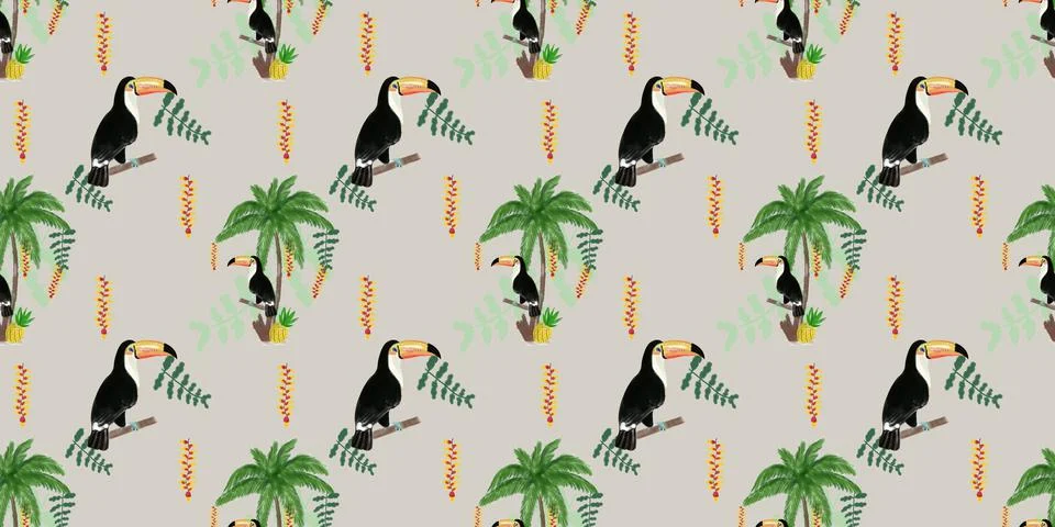 Hand drawing cute seamless pattern childrens with cockadoo and palm Stock Illustration