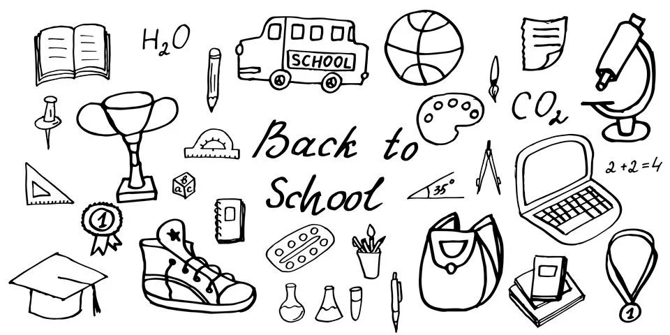 Hand drawing design elements on the theme of school and schoolchildren, doodl Illustrazione stock