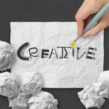 Hand drawing  design word creative on crumpled paper with as concept Stock Illustration