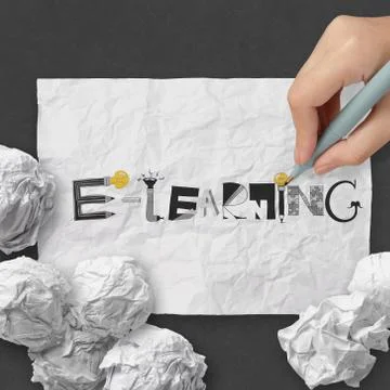 Hand drawing design word e-learning on dark crumpled paper and texture backgr Stock Illustration