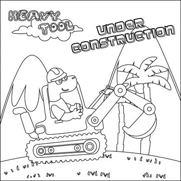 Hand drawing digger and worker dinosaur print design, Stock Illustration