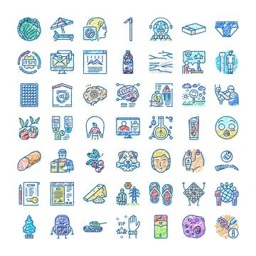 Hand drawing diverse icon set depicting various concepts 库存插图