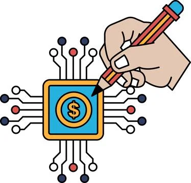 A hand is drawing a dollar sign on a computer screen Illustrazione stock