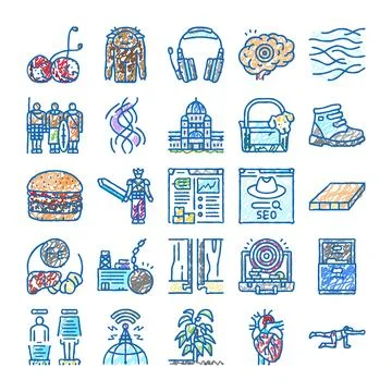 Hand drawing doodle collection of various subjects and concepts Stock Illustration