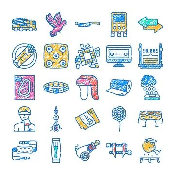 Hand drawing doodle icon set collage illustrating various concepts Ilustración de archivo