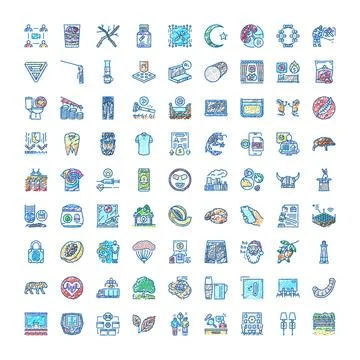 Hand drawing doodle icons featuring diverse themes on white background Stock Illustration