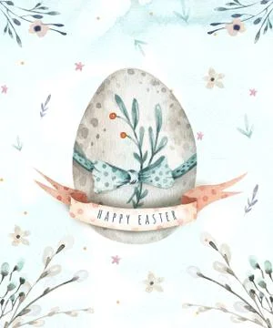 Hand drawing easter watercolor eggs with leaves, branches and fe Stock Illustration