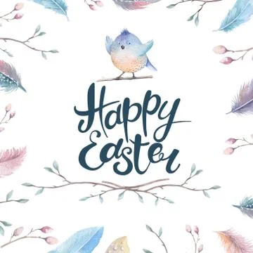 Hand drawing easter watercolor flying cartoon bird with leaves Stock Illustration