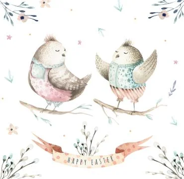 Hand drawing easter watercolor flying cartoon bird with leaves Stock Illustration