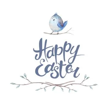 Hand drawing easter watercolor flying cartoon bird with leaves Stock Illustration