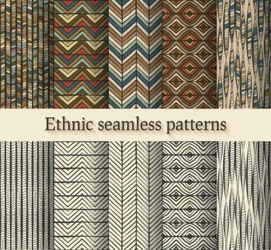 Hand drawing ethnic seamless patterns set Stock Illustration
