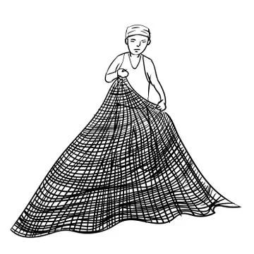 Hand drawing of fisherman using net-Vector Illustration Stock Illustration