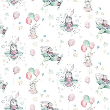 Hand drawing fly cute easter pilot bunny watercolor cartoon bunnies with Stock Illustration