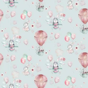 Hand drawing fly cute easter pilot bunny watercolor cartoon bunnies with Stock Illustration