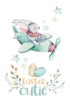 Hand drawing fly cute easter pilot bunny watercolor cartoon bunnies with Stock Illustration