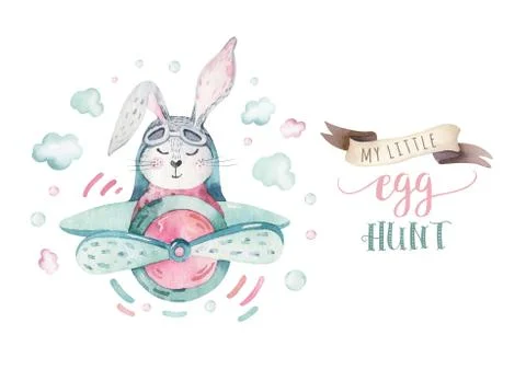 Hand drawing fly cute easter pilot bunny watercolor cartoon bunnies with Stock Illustration