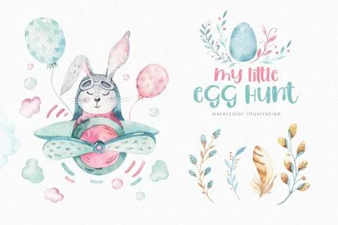 Hand drawing fly cute easter pilot bunny watercolor cartoon bunnies with Stock Illustration