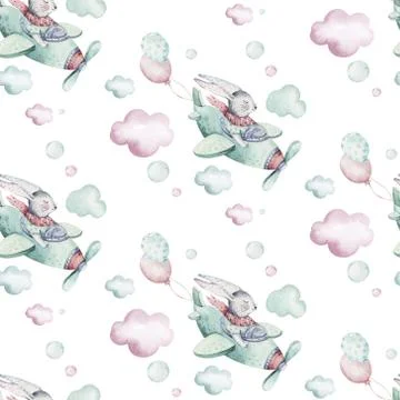 Hand drawing fly cute easter pilot bunny watercolor cartoon bunnies with Stock Illustration