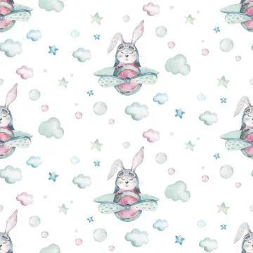 Hand drawing fly cute easter pilot bunny watercolor cartoon bunnies with Stock Illustration