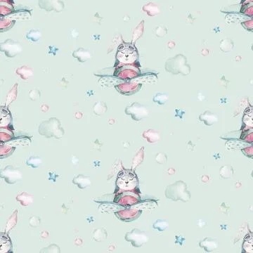 Hand drawing fly cute easter pilot bunny watercolor cartoon bunnies with Stock Illustration