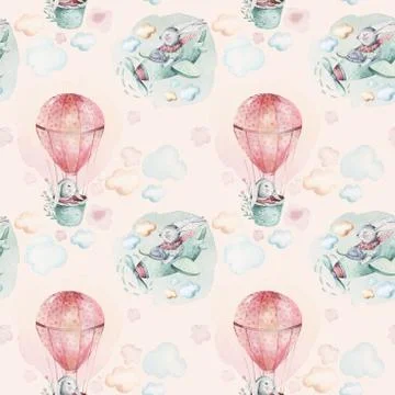 Hand drawing fly cute easter pilot bunny watercolor cartoon bunnies with Stock Illustration