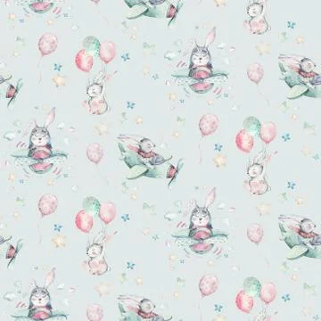 Hand drawing fly cute easter pilot bunny watercolor cartoon bunnies with Stock Illustration