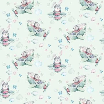 Hand drawing fly cute easter pilot bunny watercolor cartoon bunnies with Stock Illustration