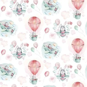 Hand drawing fly cute easter pilot bunny watercolor cartoon bunnies with Stock Illustration