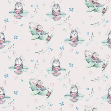 Hand drawing fly cute easter pilot bunny watercolor cartoon bunnies with Stock Illustration