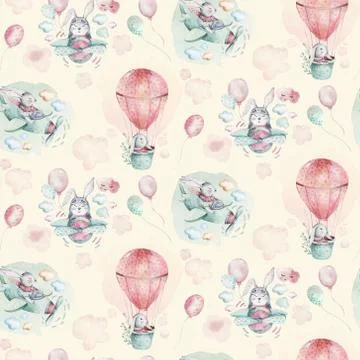 Hand drawing fly cute easter pilot bunny watercolor cartoon bunnies with Stock Illustration