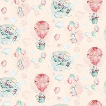 Hand drawing fly cute easter pilot bunny watercolor cartoon bunnies with Stock Illustration