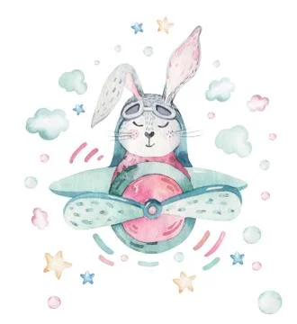 Hand drawing fly cute easter pilot bunny watercolor cartoon bunnies with Stock Illustration