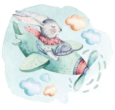 Hand drawing fly cute easter pilot bunny watercolor cartoon bunnies with Stock Illustration