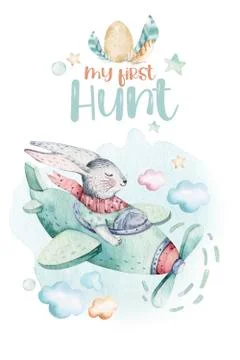 Hand drawing fly cute easter pilot bunny watercolor cartoon bunnies with Stock Illustration