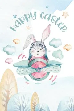 Hand drawing fly cute easter pilot bunny watercolor cartoon bunnies with Stock Illustration