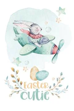 Hand drawing fly cute easter pilot bunny watercolor cartoon bunnies with Stock Illustration