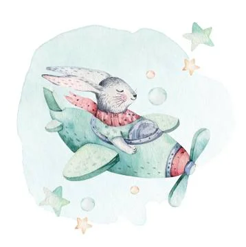 Hand drawing fly cute easter pilot bunny watercolor cartoon bunnies with Stock Illustration