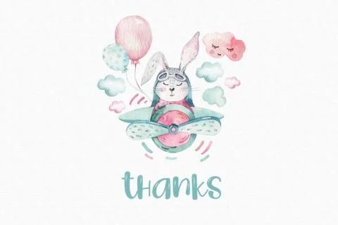 Hand drawing fly cute easter pilot bunny watercolor cartoon bunnies with Stock Illustration