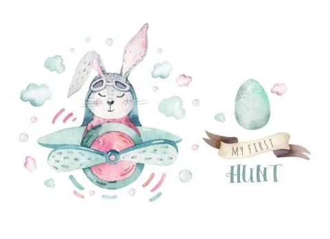 Hand drawing fly cute easter pilot bunny watercolor cartoon bunnies with Stock Illustration