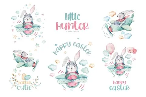 Hand drawing fly cute easter pilot bunny watercolor cartoon bunnies with Stock Illustration