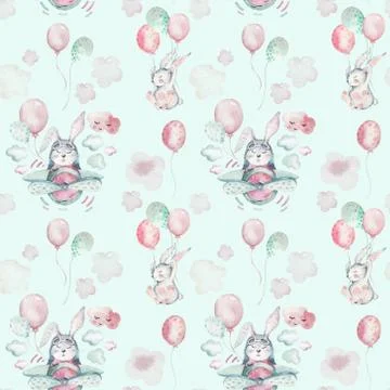 Hand drawing fly cute easter pilot bunny watercolor cartoon bunnies with Stock Illustration