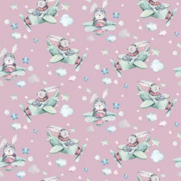Hand drawing fly cute easter pilot bunny watercolor cartoon bunnies with Stock Illustration