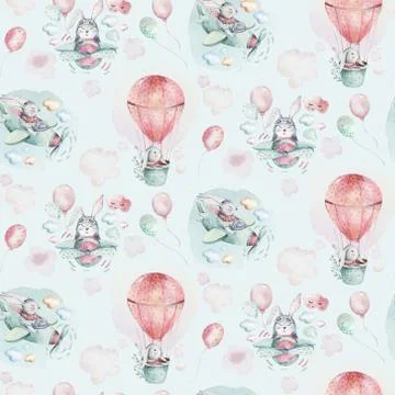 Hand drawing fly cute easter pilot bunny watercolor cartoon bunnies with Stock Illustration