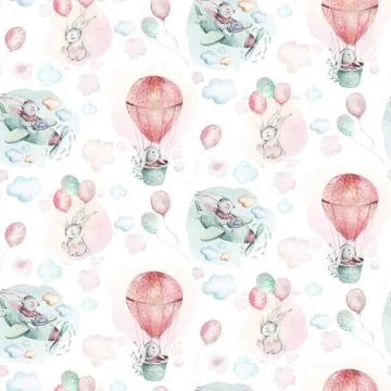 Hand drawing fly cute easter pilot bunny watercolor cartoon bunnies with Stock Illustration