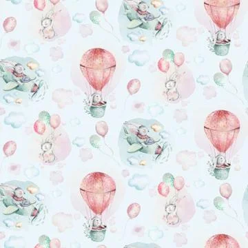 Hand drawing fly cute easter pilot bunny watercolor cartoon bunnies with Stock Illustration