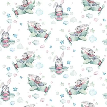 Hand drawing fly cute easter pilot bunny watercolor cartoon bunnies with Stock Illustration