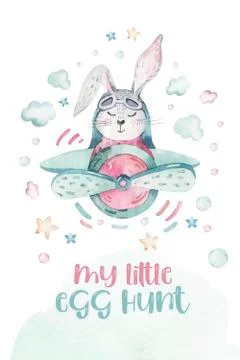Hand drawing fly cute easter pilot bunny watercolor cartoon bunnies with Stock Illustration