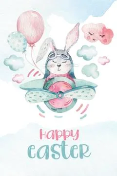 Hand drawing fly cute easter pilot bunny watercolor cartoon bunnies with Stock Illustration